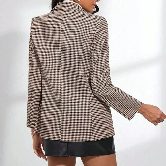 Khaki Preppy Womens Plaid Lapel Collar Double Breasted Blazer - Picture 3 of 5
